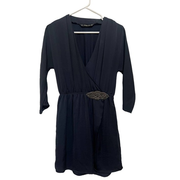 Zara Dresses & Skirts - Zara Trafaluc Women's Navy Black V Neck Wrap Mini Dress Size Extra Small
